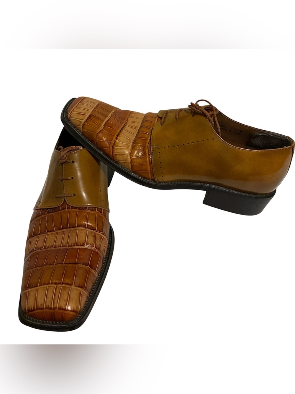 Fratelli Mens 10.5 Cognac Croc Embossed Square Toe Oxford Dress Shoes